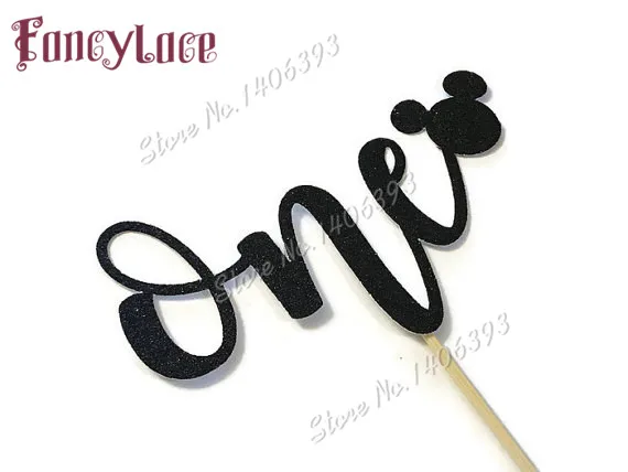 

12pcs/lot ONE Glitter Black Paper Cake Topper Mickey Mouse Design for Baby Kids First Birthday Party Decoration Smash Cake Decor