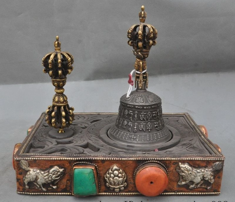 

Old Tibet Bronze Silver Lion Mahakala Buddha Bell Vajra Dorje Phurpa Dagger Set