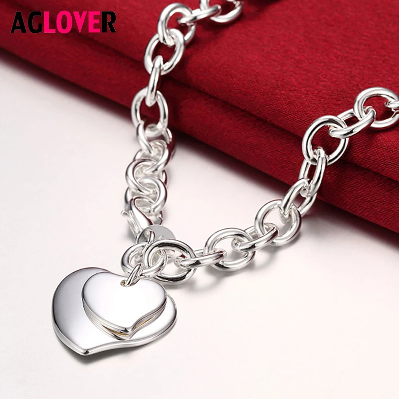 

925 Solid Silver Chain Necklace Double Heart Lady Romantic Pendant Necklace Wedding Jewelry