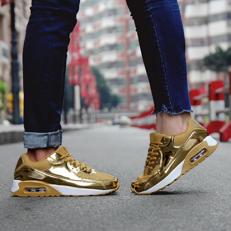 

Couples Running Shoes Spring Autumn Mens Trainers Air Shoes Breathable Ladies Gold Silver Sneakers Lace Up Fitness Shoes