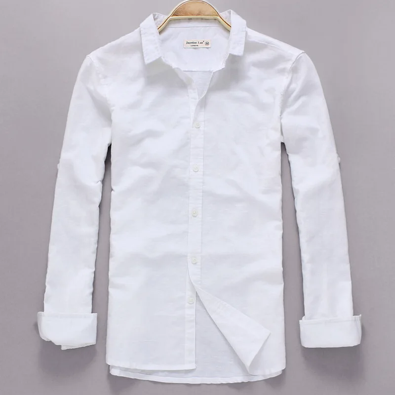 Fashion Mens Shirt Male Stand-Up Collar Pullover Flax Casual Long Sleeve Shirts
