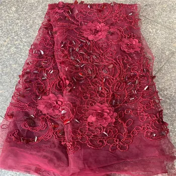 

African Lace Fabric RED French Sequins Net Lace High Quality Tulle Lace Embroidery 3D Lace With For