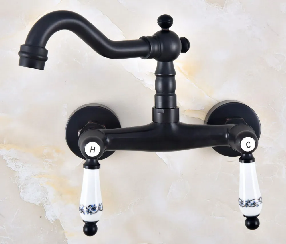 Kitchen Wet Bar Bathroom Vessel Sink Faucet Black Oil Rubbed Brass Wall Mounted Swivel Spout Mixer Tap Dual Ceramic Lever mnf828