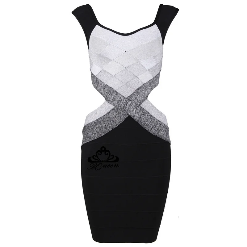 

New Style HL White Gray Black Square Collar Bandage Dress Bodycon Club Party Dress