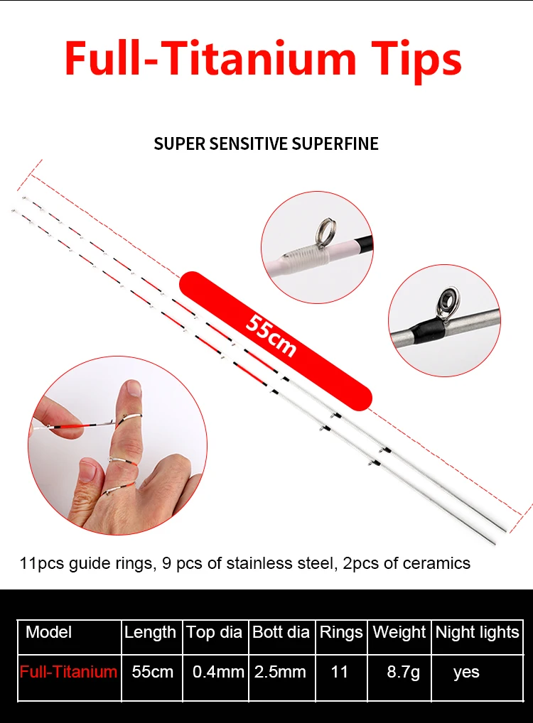 2pcs 55cm Tip for Boat/Raft Rod Full/Half Titanium alloy fishing rod Glass fiber tips Micro lead raft rod accessories FUJI rings
