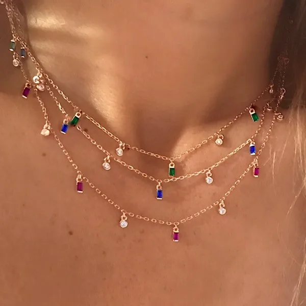 collarbone necklace 2018 new arrived 3 colors green blue red baguette round geomtric cz drop charm lovely gorgeous charm jewelry - Image 2