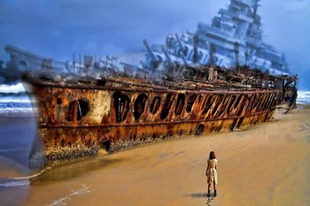 

A Girl And Rusty Old Boats Ship Wreck On The Beach Fantasy Artwork Fabric Silk Poster Print Picture For Gift 24x36inch