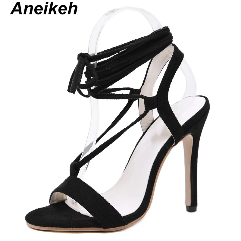 

Aneikeh 2019 New Elegant Flock Sandals Women Sexy Thin High Heels Round Toe Lace-Up Platform Wedding Office Career Black Size4-9