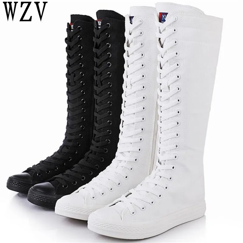 

Fashion 2018 New Spring autumn Women Shoes Canvas Casual High Top Shoes Long Boots Lace-Up Zipper Comfortable Flat boots D081