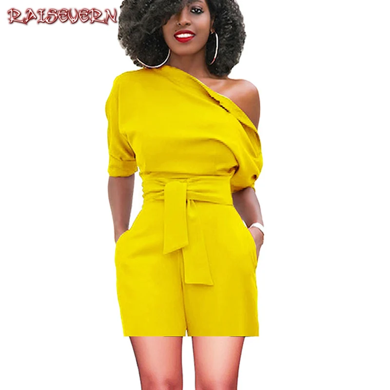 

RAISEVERN 2018 Spring Woman Sportwear Overall Sexy One Shoulder Slash Neck Women PlaySuit Elegant Female Solid Fitness Clothing