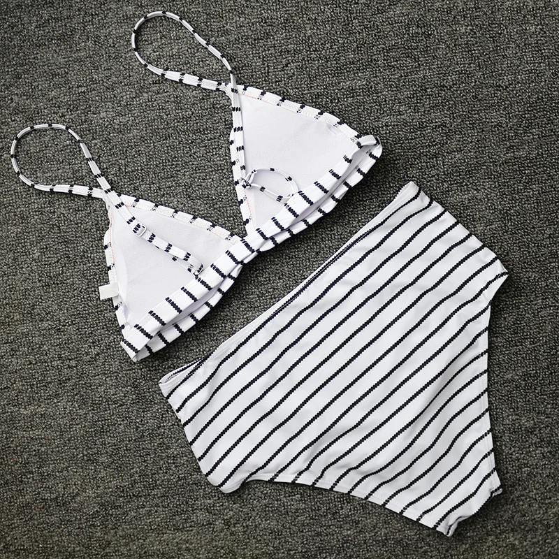 Billig PLAVKY 2020 Sexy Retro Weiß Schwarz Gestreiften Welligkeit Biquini Schwimmen Badeanzug Hohe Taille Badeanzug Bademode Frauen Push Up Bikini