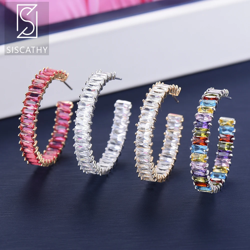 

SISCATHY Luxury Multicolors Cubic Zirconia Big Circle Hoop Earring Wedding Jewelry Earrings For Women pendientes mujer