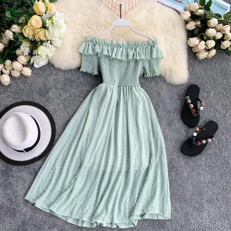 

Bohemian New Ruffles Off Shoulder Sexy Summer Midi Long Dress Party Women Evening Casual Beach Holiday Boho High Waist Vestidos