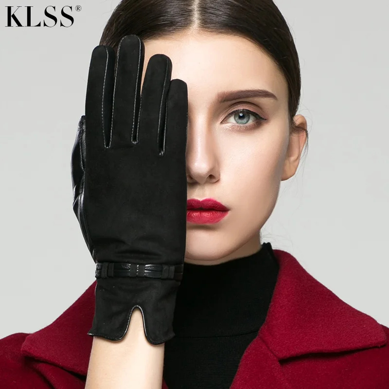 KLSS Brand Genuine Leather Suede Women Gloves Autumn Winter Plus Velvet Fashion Elegant Lady Goatskin Glove For Driving 96