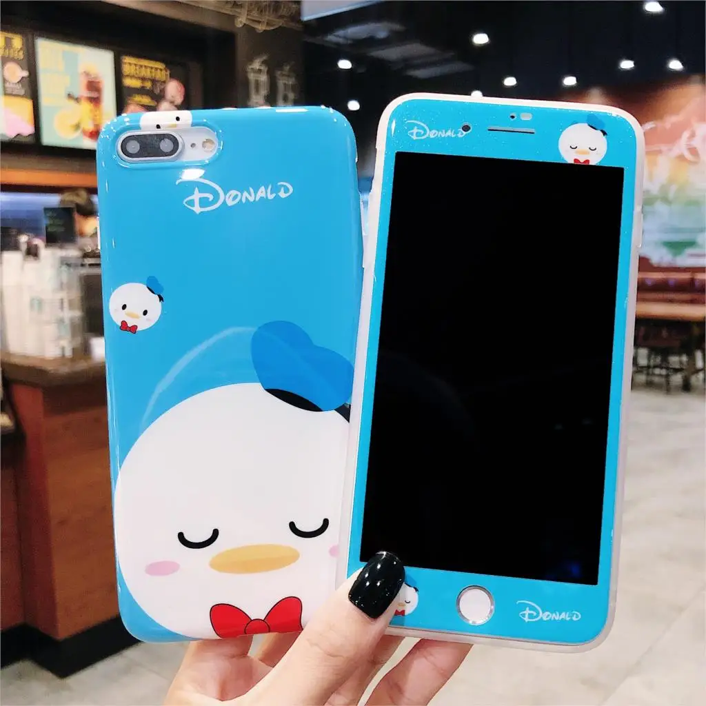 

Tempered Glass for iPhone X XR 6 6S Plus 8 7 XS Max Screen Protector+Phone Case Cartoon Pattern