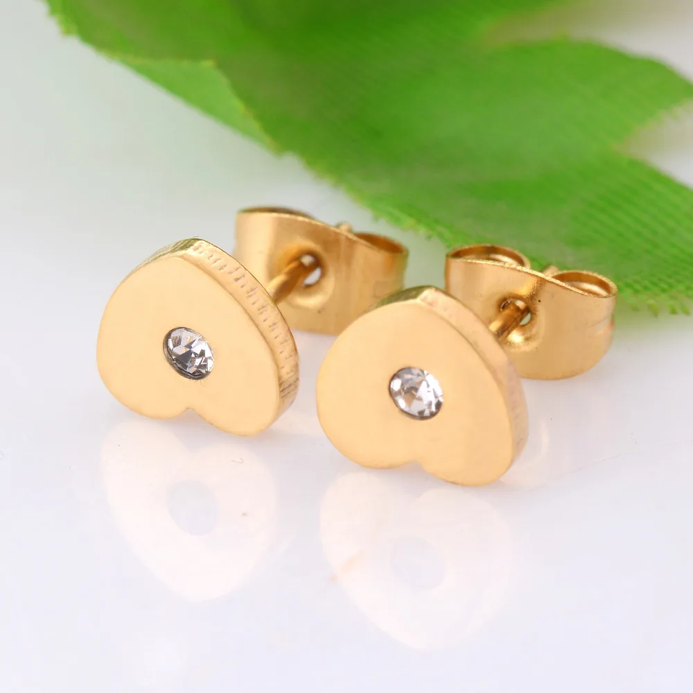 

High Quality Stainless Steel Heart Earring With Crystal Gold Color Women Stud Earring Never Fade 017