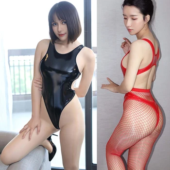 

Sexy PU Black Glossy Women Swimwear Japanese Sexy High Cut One Piece Female Bather Bathing Summer Swimsuit