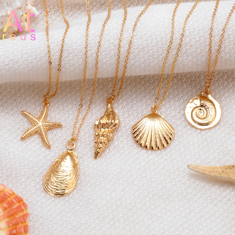 

2019 New Fashion Gold Boho Alloy Cowrie Shell Necklace for Women Conch Chain Pendant Necklace Summer Jewelry Starfish Collar