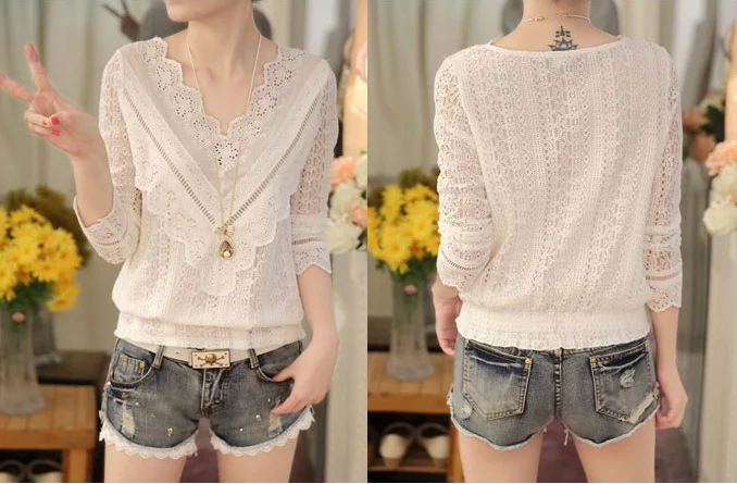 MSSNNG 2018 hot sale new arrival Spring and autumn Korean fashion women blouse V neck long sleeve slim lace female shirt  (6)