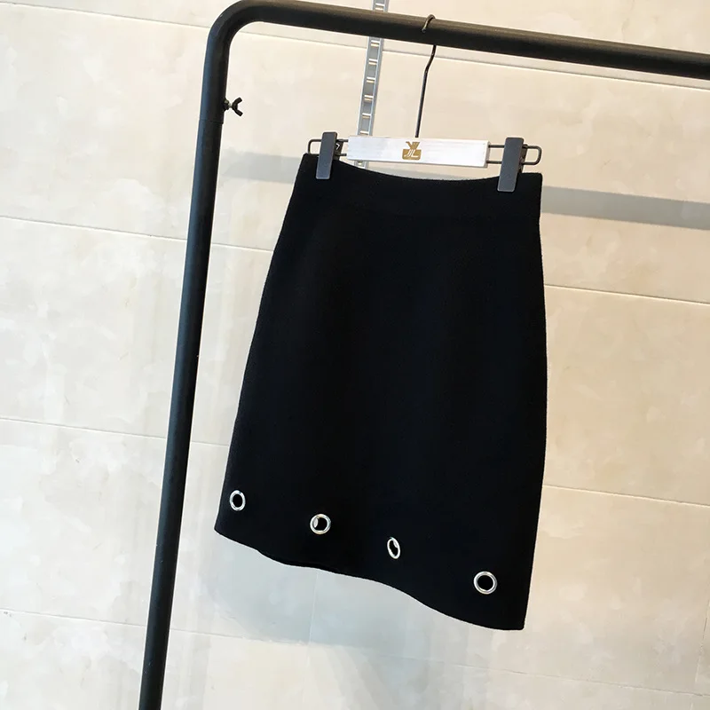 2017 new winter skirt womens A-Line high waist elastic knitted skirt solid color fashion holes warm women mini skirt GL1018 (3)