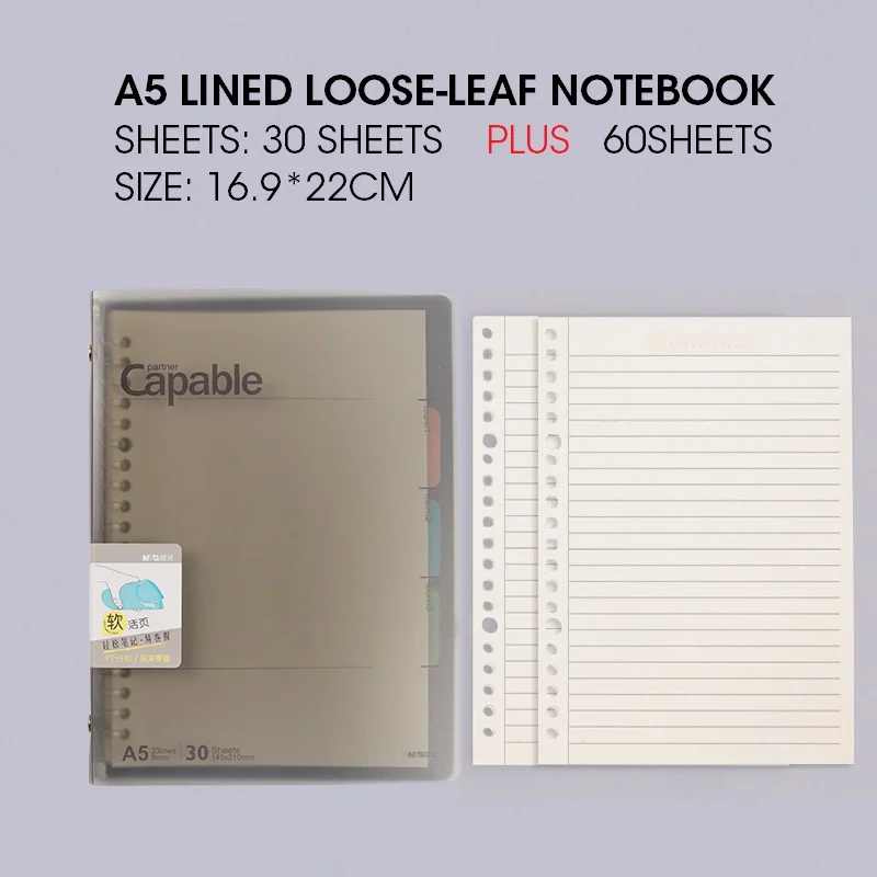 Andstal Super Soft Cover Loose Leaf Notebook M&G Notebooks Refillable 30 plus 60 sheets for office school supplies stationery - Цвет: A5 Black 90 Sheets