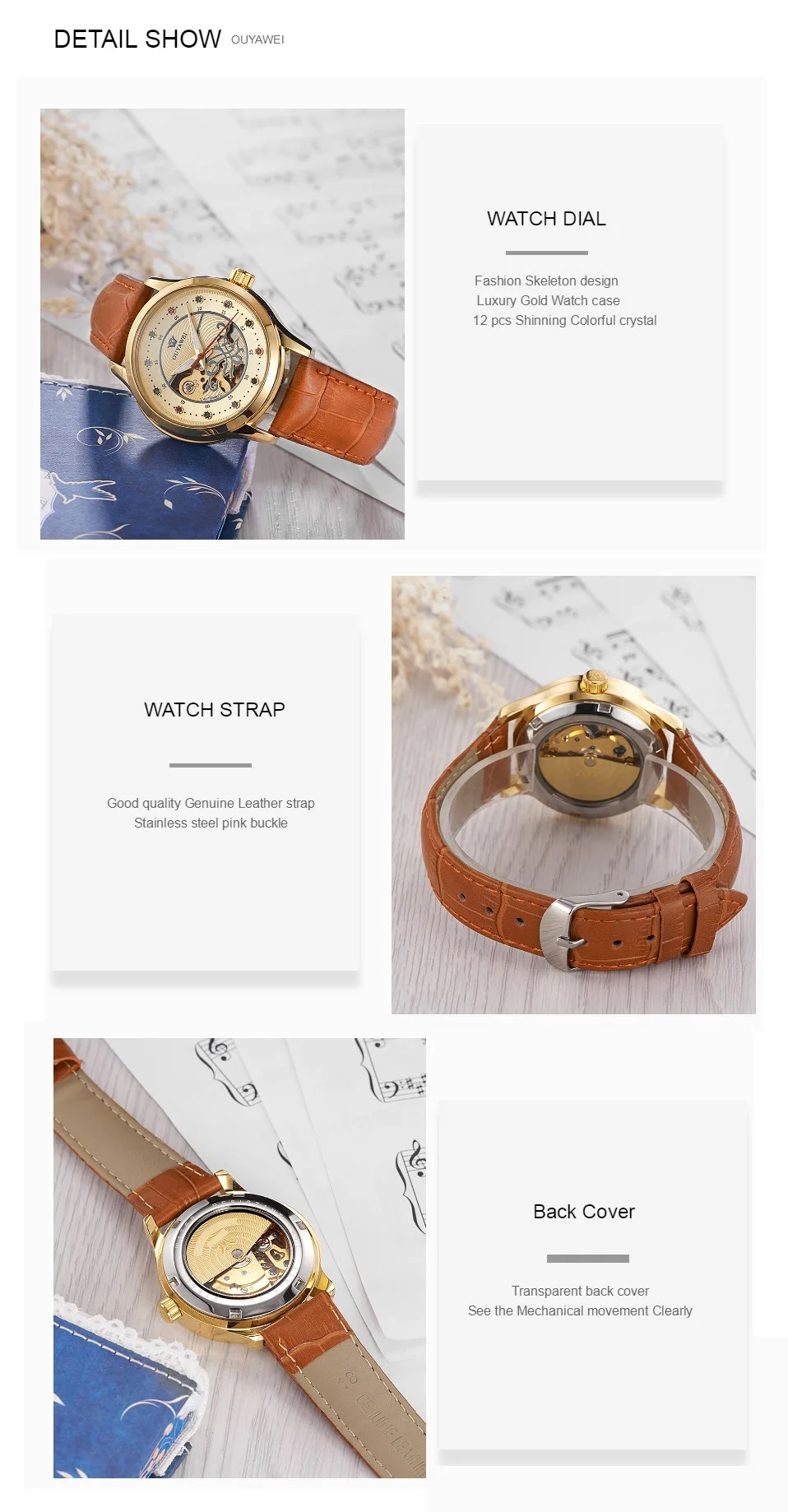 Reloj Mujer OYW модные женские часы механические Автоматические наручные часы с коричневым кожаным ремешком женские механические часы Relogio