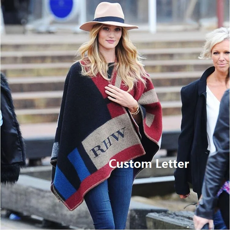 

Fashion Brand Custom Letter Blanket Women Poncho Prorsum Cashmere Wool Scarf Monogramed Cape Color Block Blanket Pashmina manta
