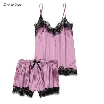 

Satin pajamas Set Lace Cami Top and Shorts Comfy Sleepwear Women Pyjama Sexy Pijama Sets