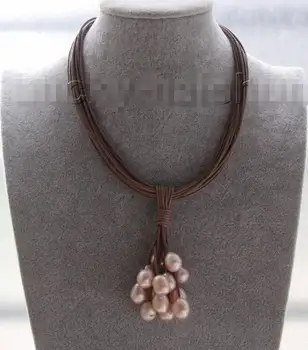 

Hot sale new Style >>>>> 16" 15row 14mm pink-purple pearls coffee leather necklace magnet clasp j9561