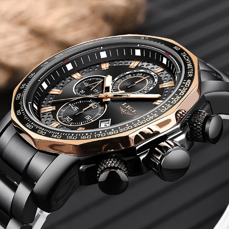 

2019 LIGE Men Business Leather Luxury Quartz Watch Men Fashion Casual Military Waterproof Clock Sport Multifunction Chronograph