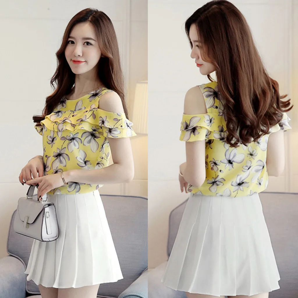 Women Blouse 2019 Summer Women Off Shoulder Ruffles Tops Casual Chiffon Floral Print Blouses