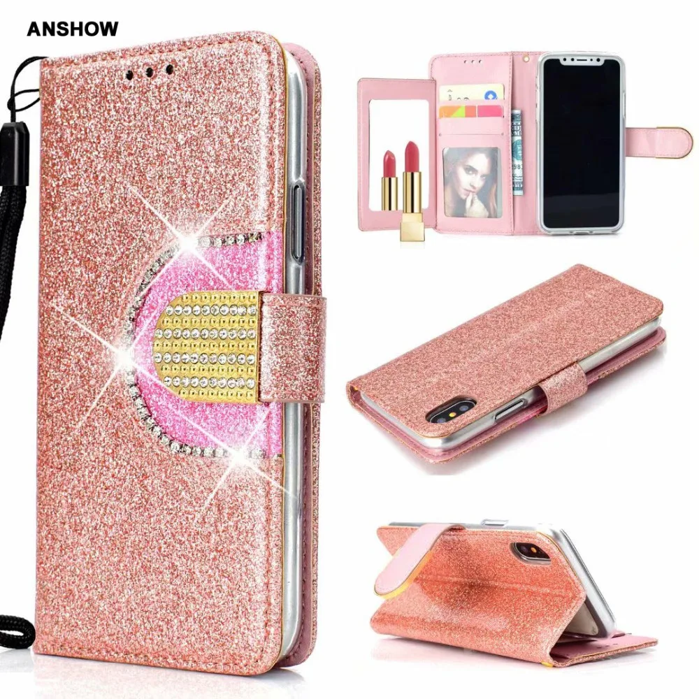 ANSHOW Bling Diamond Mirror Glitter Wallet Leather Case For Iphone X 10