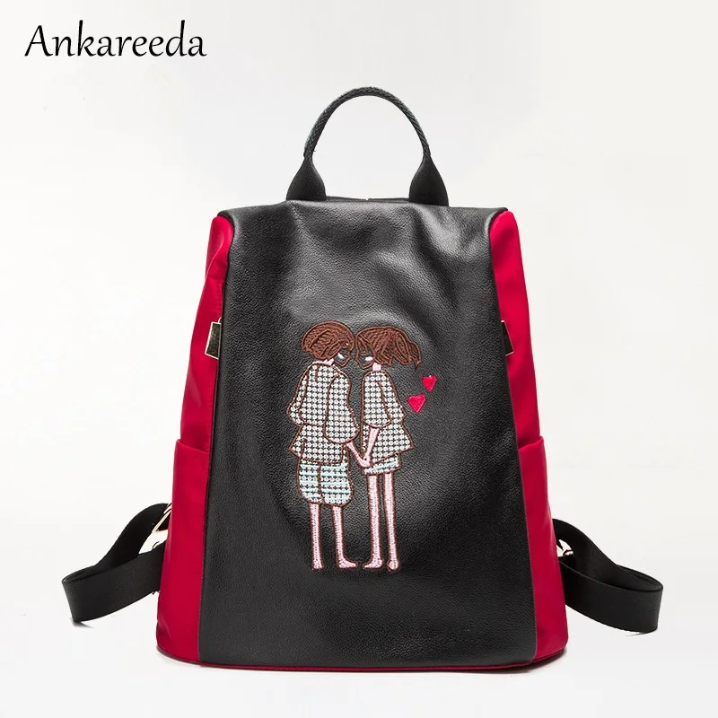 

Women's Lovers/Doll Embroidery Backpack Korean New Design Zipper Travel Shoulder Bags Cow Leather Oxford Waterproof School Bags