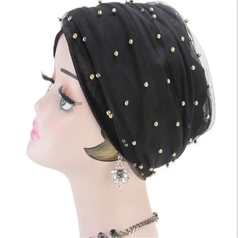 

Velvet grenadine beads long tail scarf hat Muslim scarf hat.