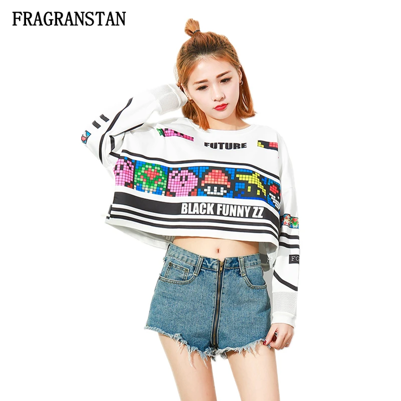 

Female Spring Fashion O-Neck Short Sweatshirts Harakuju Letter Cartoon Printed Crop Top Lady Loose Personality Pullovers JQ515
