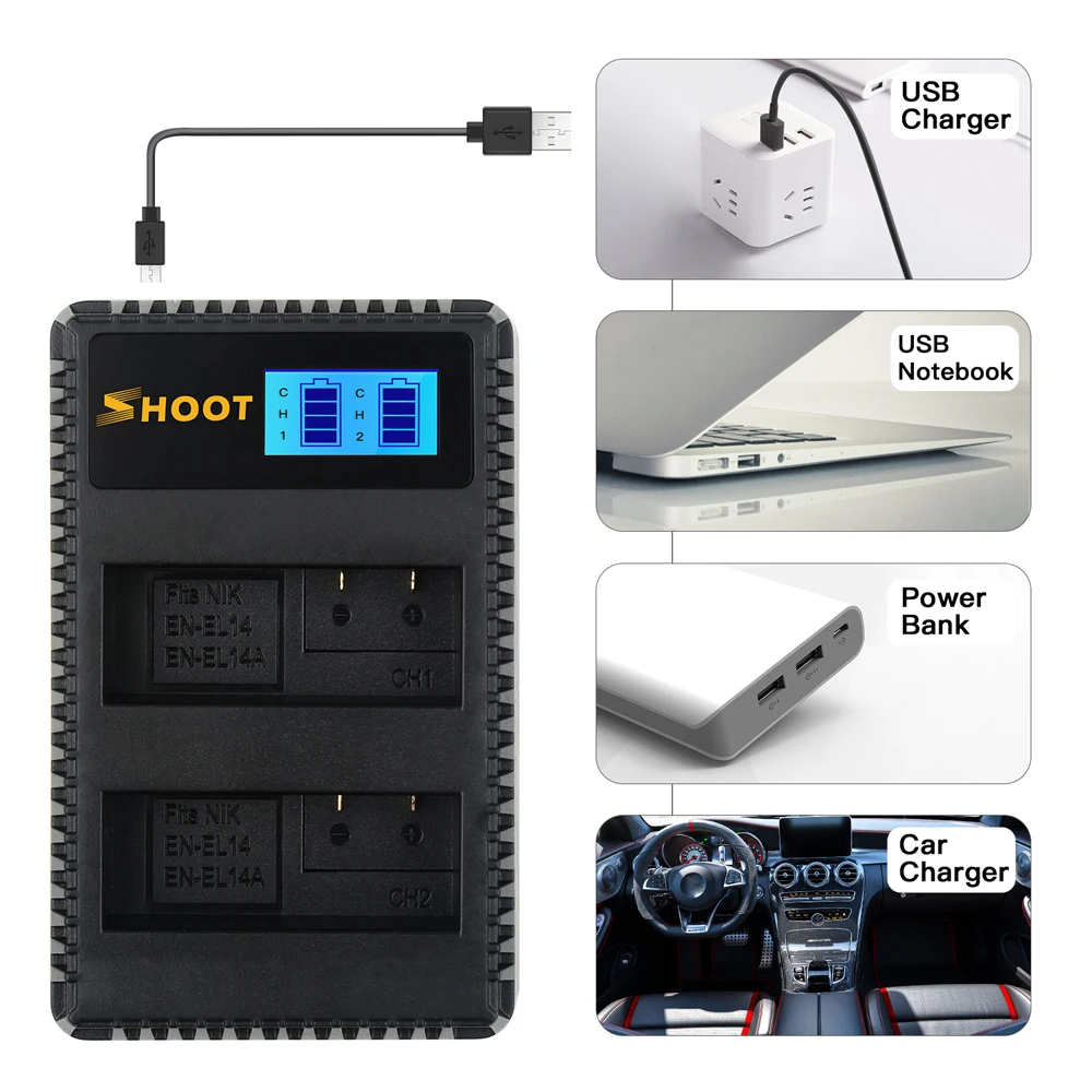 Снимать 2 шт . EN EL14 EL14A RU Батарея + ЖК дисплей USB Dual Зарядное устройство для Nikon D3100 D3200