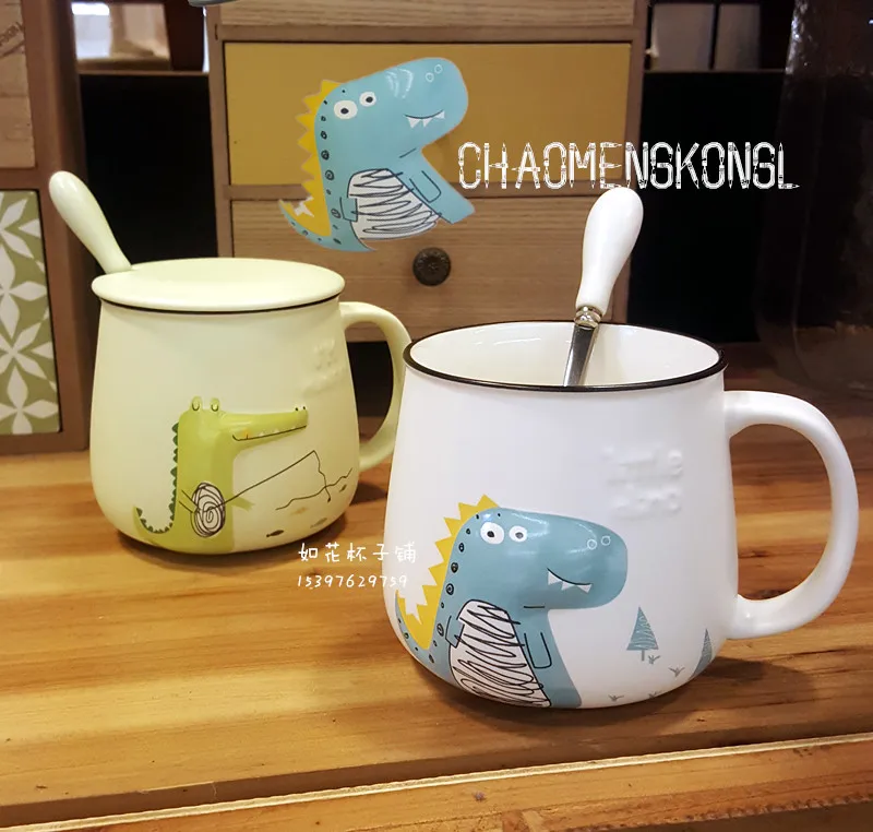 buy Cute 3D Cartoon Dinosaur Crocodile Porcelain Coffee Cup With Spoon Lid Creative Relief Ceramic Mug For Water Free Shipping
