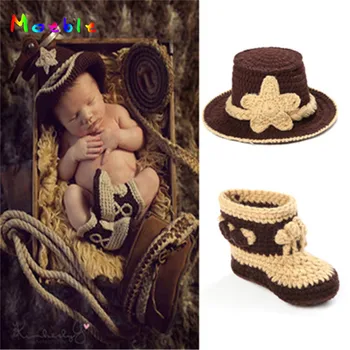 

Stylish Western Cowboy Hat&Booties Set Newborn Boy Cowboy Photo Photography Props Knitted Infant Cartoon Costume MZS-14026