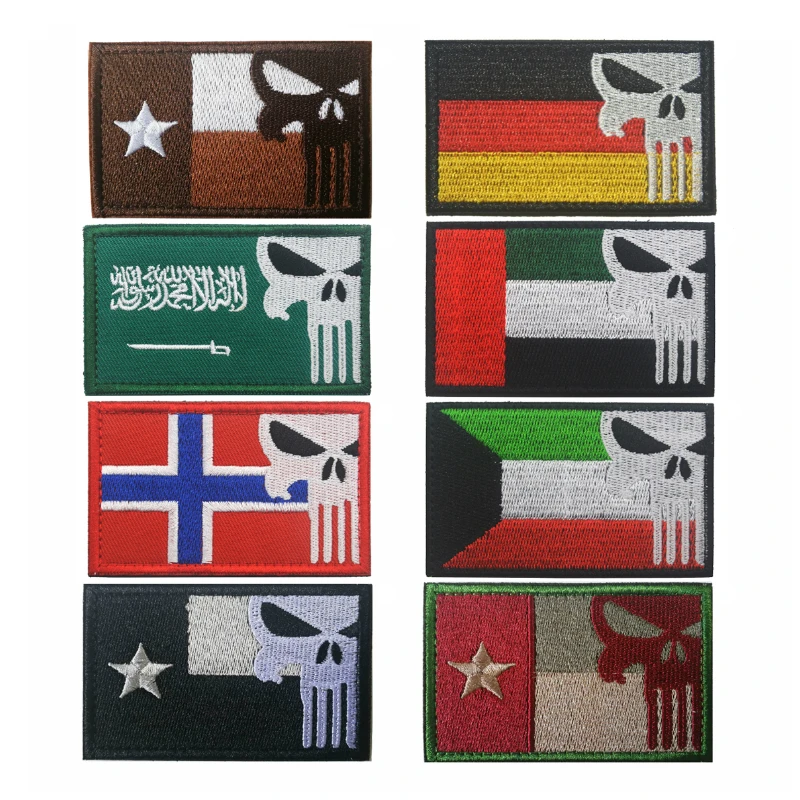 

Norwegian German Kuwait National Flag w/ Skull Embroidery Patch Embroidered Patches Military Tactical Armband Fabric Sticker