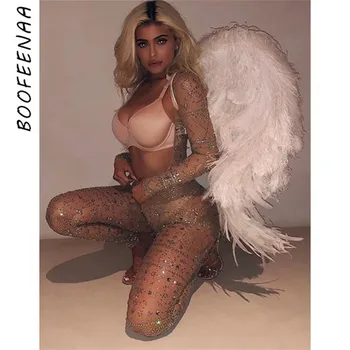 

BOOFEENAA Kylies Secret Jumpsuit Sexy Sheer Crystal Glitter Long Sleeve V Neck Mesh Bodycon One Piece Festival Club Outfit C35BC