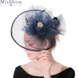 Перья Fascinators льняные шляпы для Для женщин темно-синяя сетка невесты Свадебная шляпка с оголовьем 2019 Новая мода шляпка Mariage