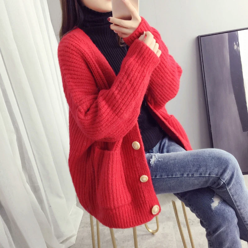 Кардиган Feminino Blusas De Inverno Feminina женские свитера весенние повседневные кардиганы с v-образным вырезом с рукавом «летучая мышь» плотные - Цвет: red