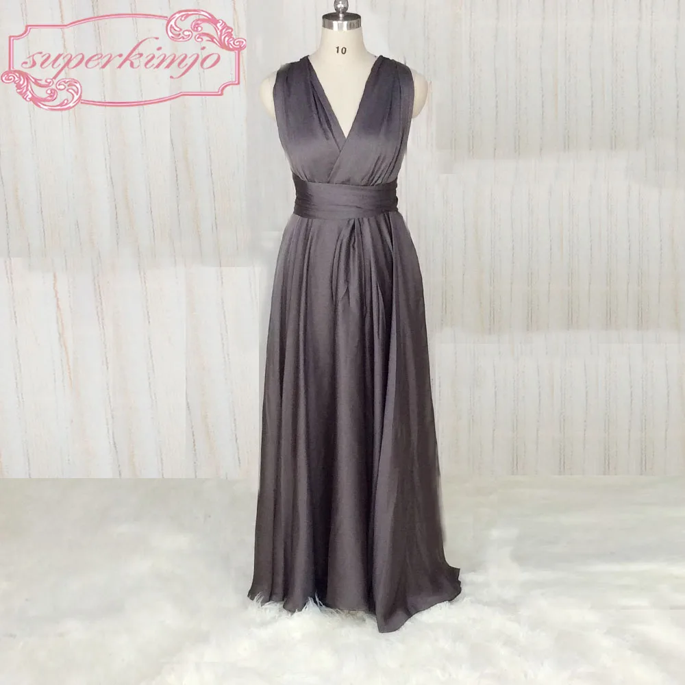 

SuperKimJo Deep V Neck Gray Bridesmaid Dresses 2018 Long Satin Cheap Wedding Party Dresses Vestido De Festa