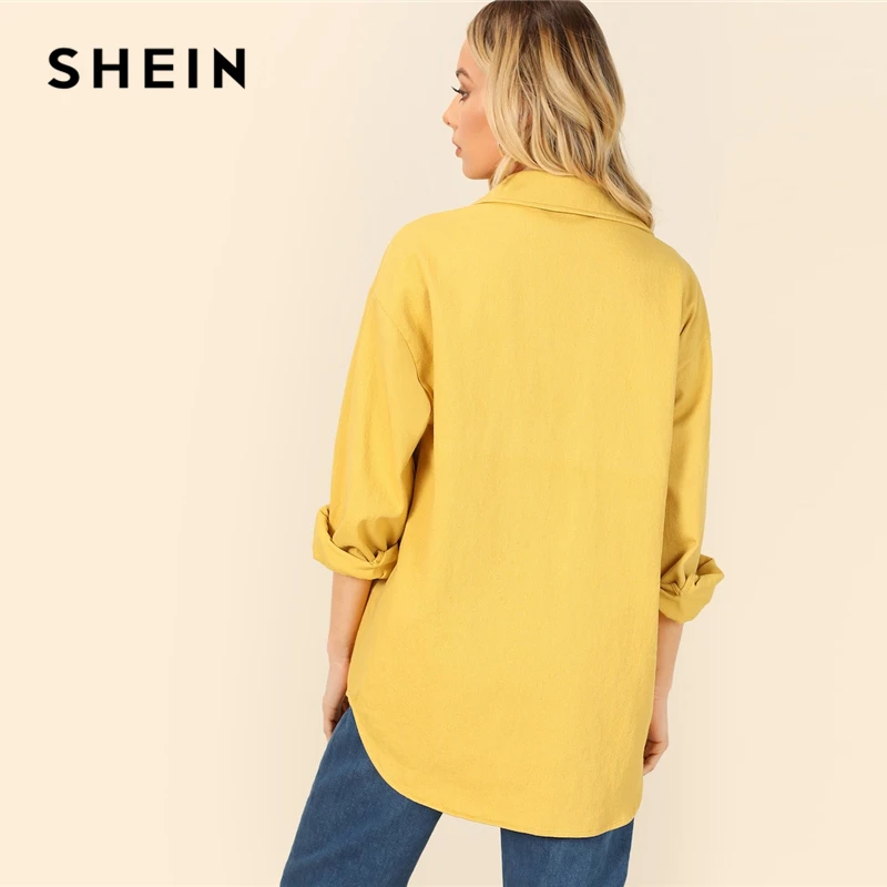 New  SHEIN Yellow Dual Flap Pocket Front Shirt Plain Jacket Autumn 2019 Casual Regular Single Breasted W