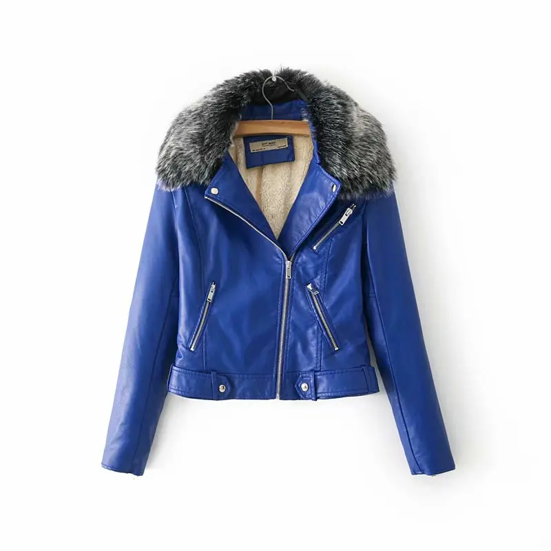 Хит, женские зимние теплые куртки из искусственной кожи с меховым воротником, женские красные, черные, синие мотоциклетные и байкерские пальто, теплая приталенная верхняя одежда