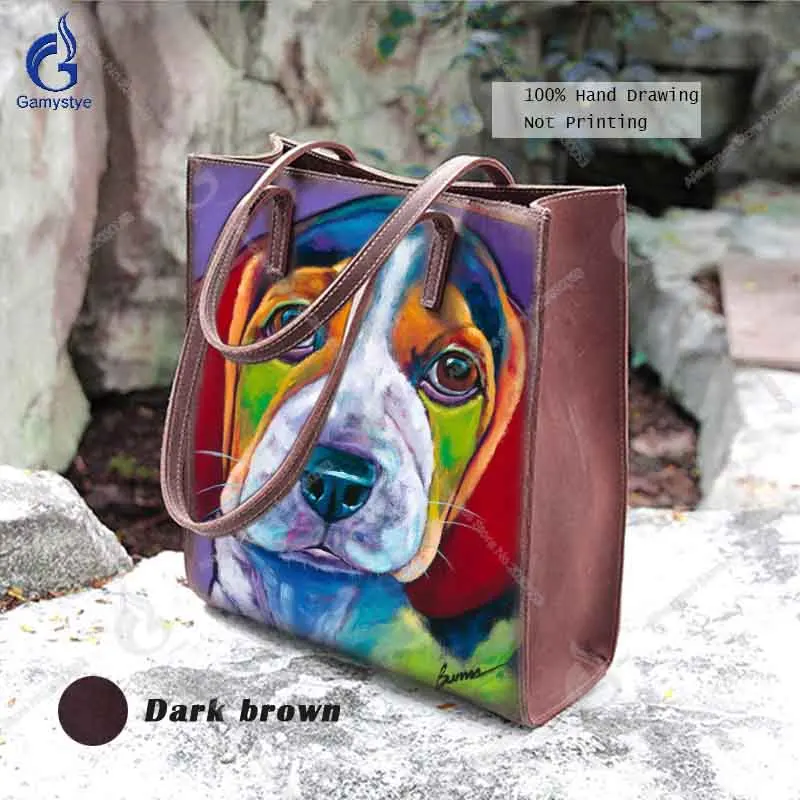 Ручной работы Книги по искусству ручная печать собак сумки Для женщин известный Брендовая Дизайнерская обувь сумка Полный зерна растительного дубления кожи Повседневное сумки - Цвет: Dark brown