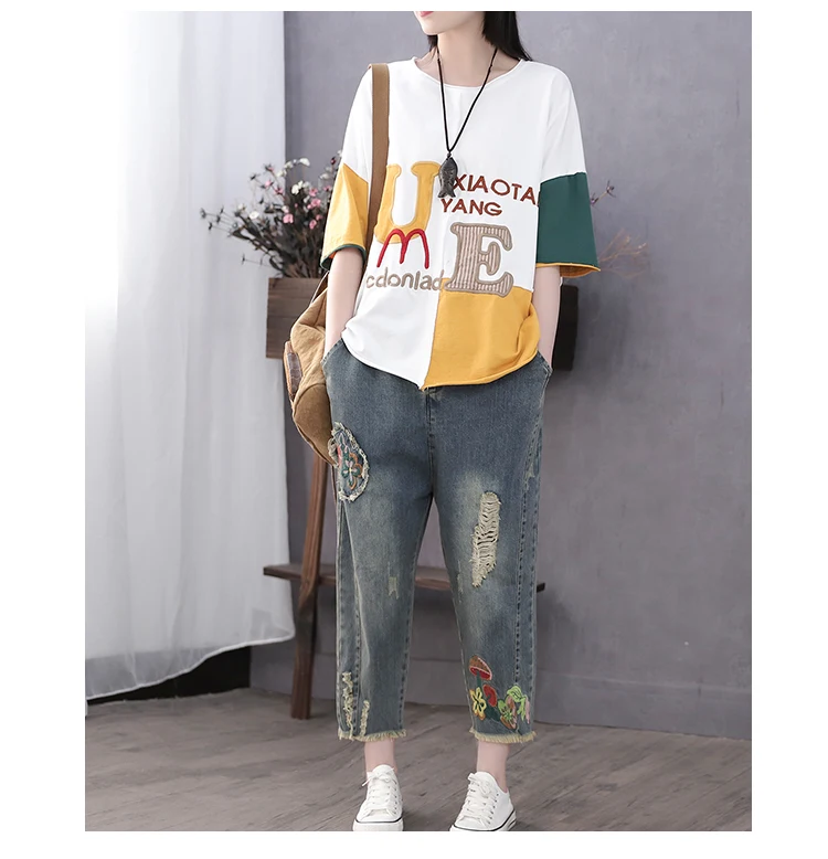 Women Summer Fashion Brand China Style Vintage Patchwork Letter Embroidery Short Sleeve T-shirt Female Casual Loose Tee Tshirts