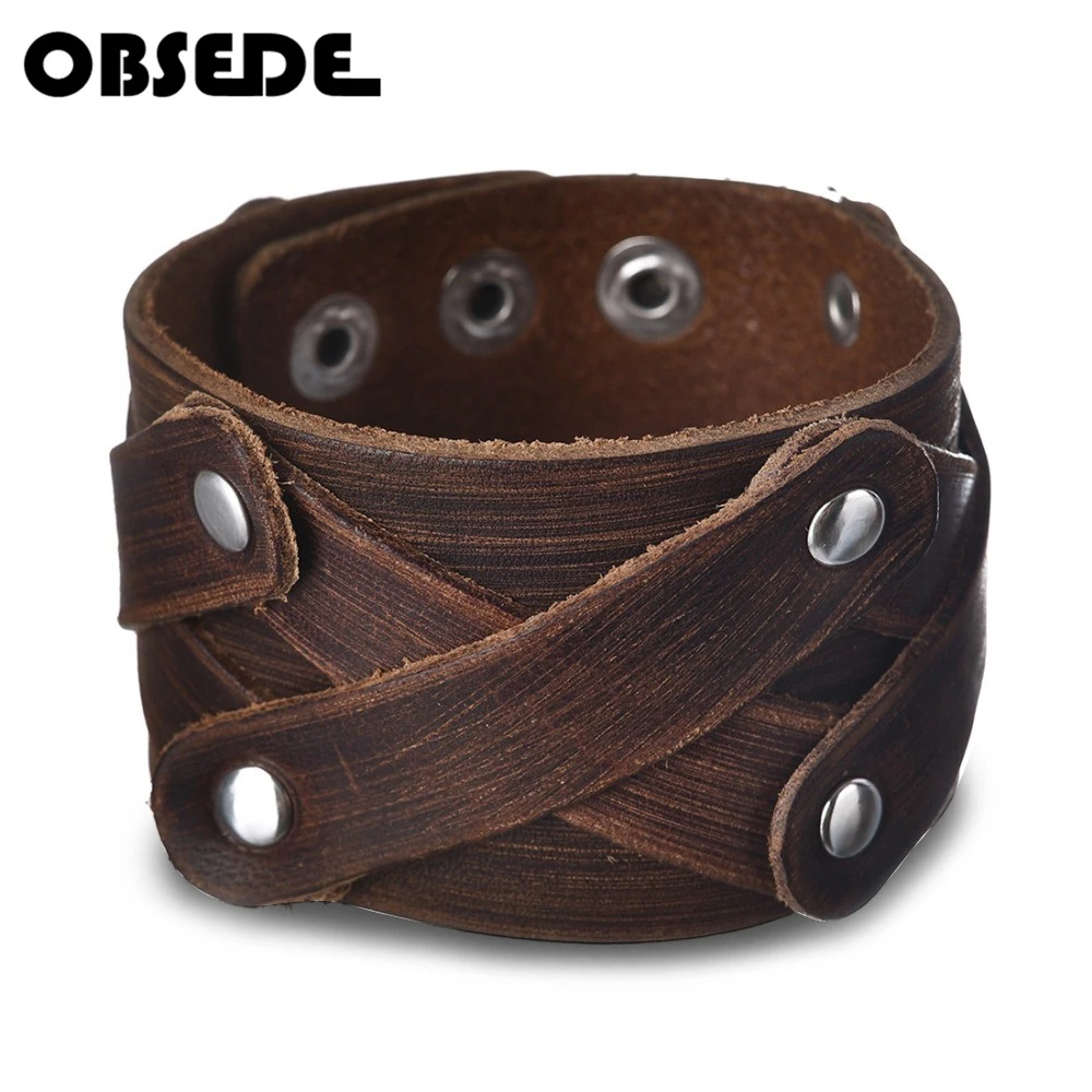 

OBSEDE Fashion Charm Men Jewelry Genuine Leather Bracelet Men Vintage Wide Cuff Bracelets & Bangles Punk Clasps Accessories