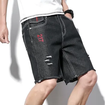 

Fashion Casual Men Baggy Jean Shorts Straight loose Punk Denim Shorts Men Printed Stretch Knee Length Jeans Masculino