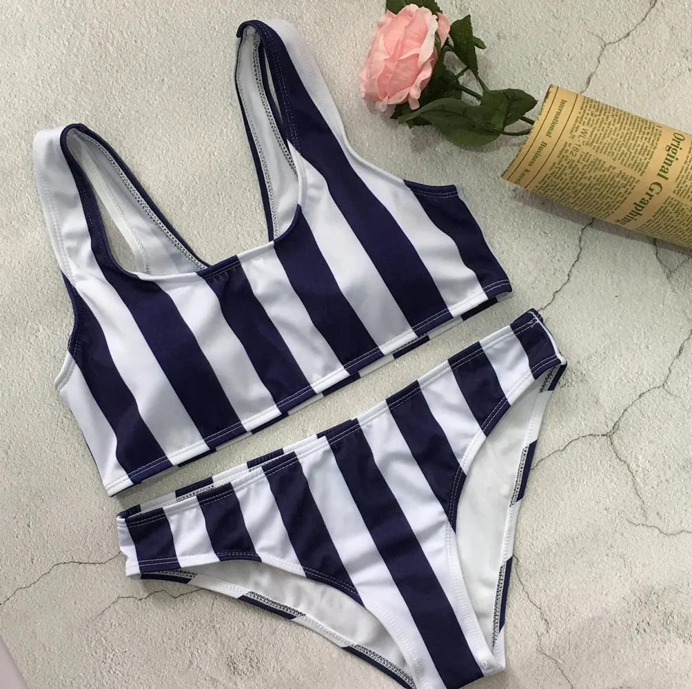 

2019 Dark Blue And White Stripped Bikini Set High Neck Swimsuit Bathing Suit Swimwear Beachwear For Women Halter Top
